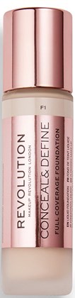 Lys rosa flaske med en mørkere rosa hetta, merket som Revolution Concealer Foundation for full dekning, nyanse F1.