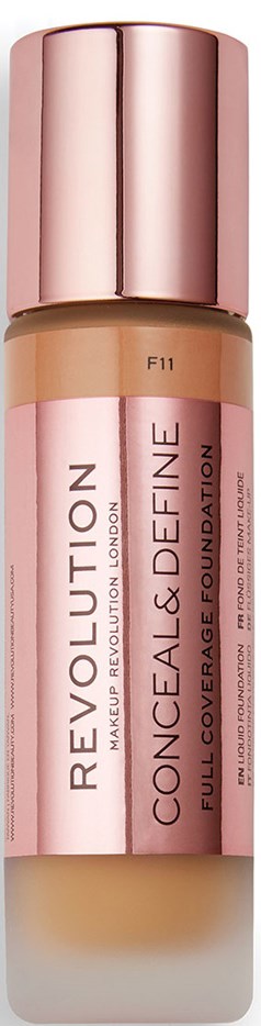 Eine rosa und beigen zylindrische Flasche mit Revolution Concealer und Volldeckung Foundation mit roségoldener Kappe.