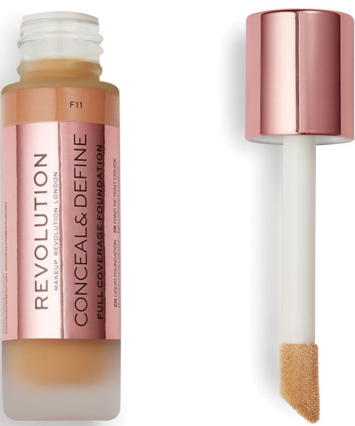 Foundation-Flasche und Applikator mit rosafarbenem Deckel, verwendet für Make-up.