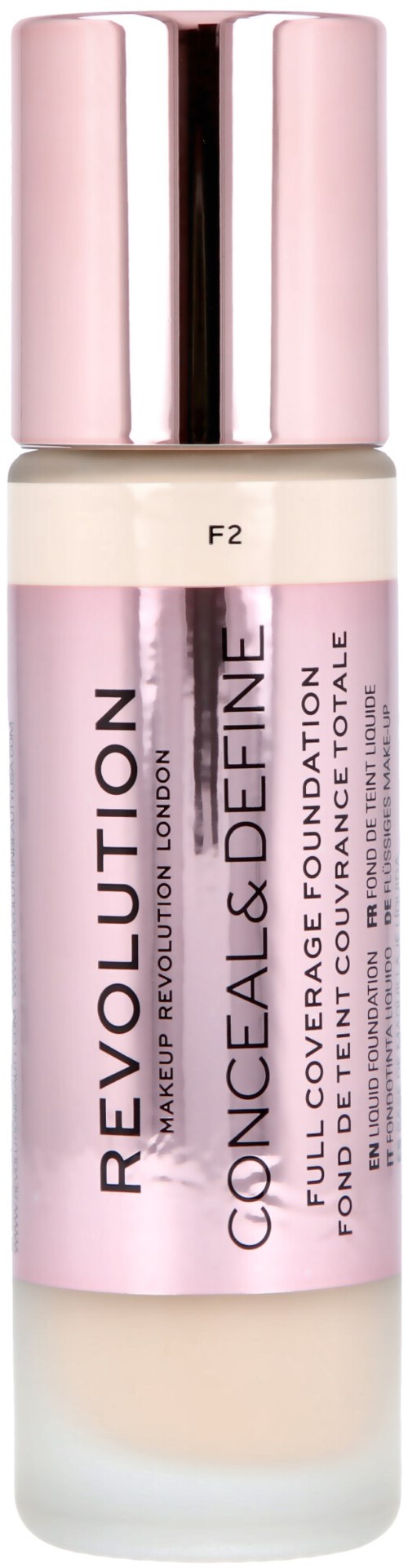 En flaske foundation fra Revolution Makeup Revolution London, merket 'Conceal & Define Full Cover Camouflage Foundation' med rosa hette.