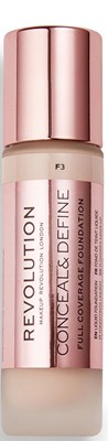 En lang, rosa flaske av Revolution foundation med matchende rosa lokk. Etiketten viser produktdetaljer.