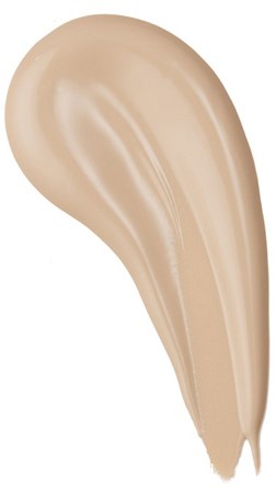 En beige flytende sminkeprøve med glatt, skinnende tekstur og kurvet form.