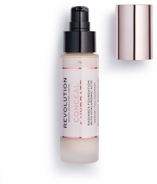 Butelka podkładu Revolution Conceal Radiance z pompką i srebrną nakrętką obok.