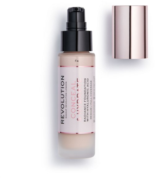 Butelka Revolution Conceal Flatten Foundation z pompką i błyszczącą nakrętką.