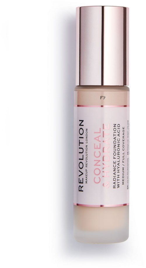 Butelka podkładu Revlon Revolution Conceal z srebrnym nakrętkiem i różowo-białą etykietą.