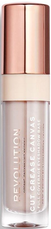 En tydlig lipglanstub med glänsande rosegold-lock och vit etikett med texten 'Revolution' och 'Cut Crease Canvas.'