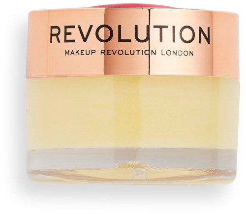 En rund kosmetikkkrukke med rosa lokk og klar base, merket 'Revolution Makeup London'.