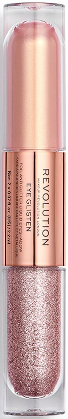 Ett klart rör innehåller en rosa metallic och glitter makeupprodukt med orden REVOLUTION och EYES. Lysande och stilfull.