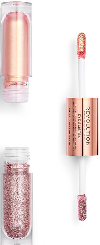 Läppglans och glitterbehållare med applikator-penna och rosa glittrande smink.
