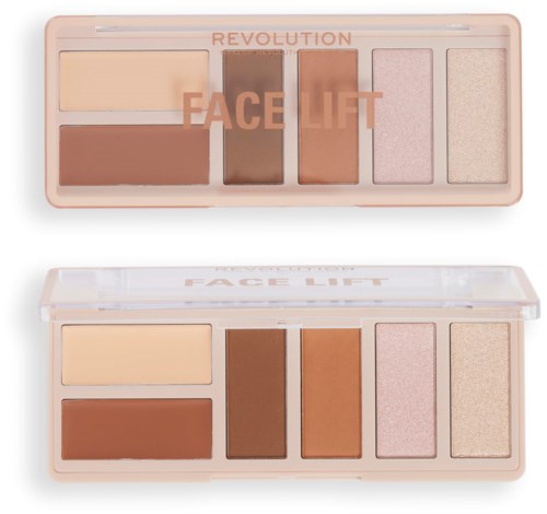Paleta do makijażu z sześcioma odcieniami, w tym beżem, brązem i rozem, nazwana Revolution Face Lift.