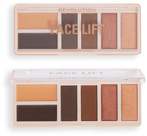 En makeup-palett med fem nyanser: beige, mörkgrå, brun, glittrig rouge och persika, i ett rektangulärt fodral.