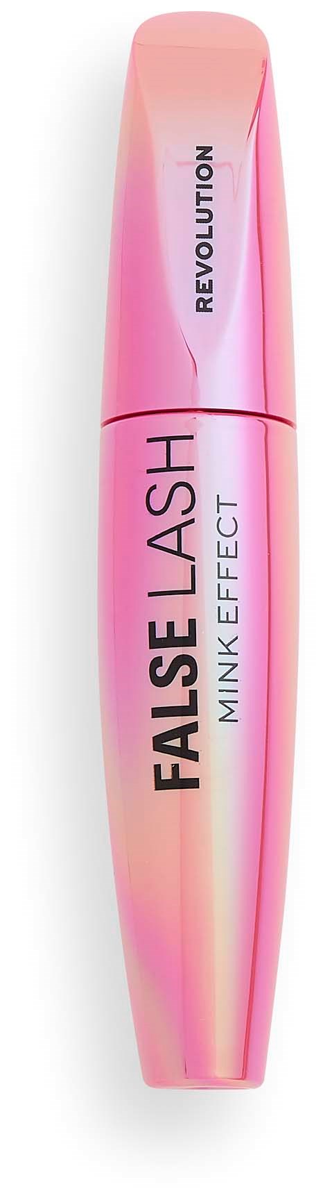 En rosa mascara-flaska med svart och vitt text, märkt 'False Lash' och 'Revolution'.