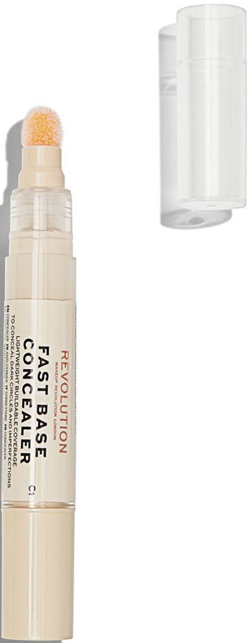 Ett beige läppconcealer i pinneform med en svamptop och genomskinligt lock, märkt "Revolution Fast Base Concealer."