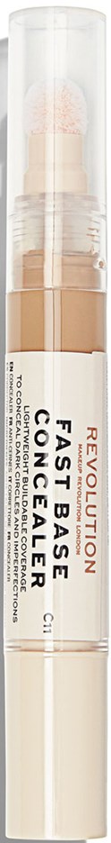 En vit cylindrisk makeupconcealer med tydligt lock, märkt "Revolution Fast Base Concealer."