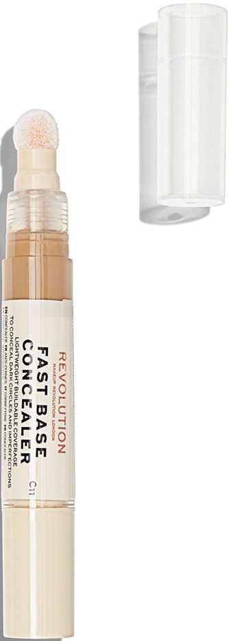 Ett beige concealer-stift med genomskinligt lock och svampspets för applicering.