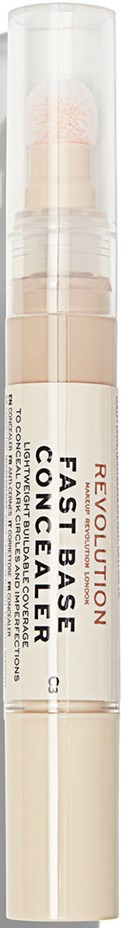 En vit cylindrisk concealer-stift med genomskinlig lock, märkt 'Revolution Fast Base Concealer.'
