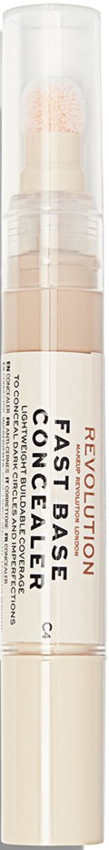 Ett genomskinligt rör med beige concealer, en svamp upptill och orden 'Revolution Fast Base Concealer' skrivet på.