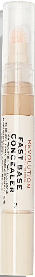 En concealer-pen med en klar kork och beige vätska inuti, märkt 'Revolution Fast Base Concealer.'