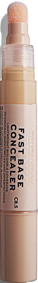Ett beige concealer-stift med dubbelända och en svampapplikator upptill, med etiketten "Fast Base Concealer."