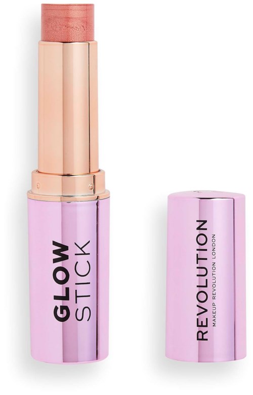 Pinkki huulipuna, jossa lukee "Glow Stick" pakkauksessa ja irrotettava kansi.
