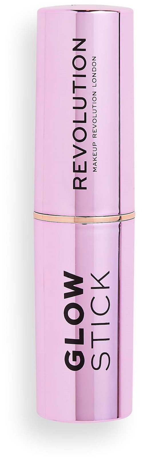 Vaaleanpunainen meikkimasto, jossa on mustaa tekstiä, merkitty 'GLOW STICK' ja 'REVOLUTION MAKEUP REVOLUTION LONDON.'