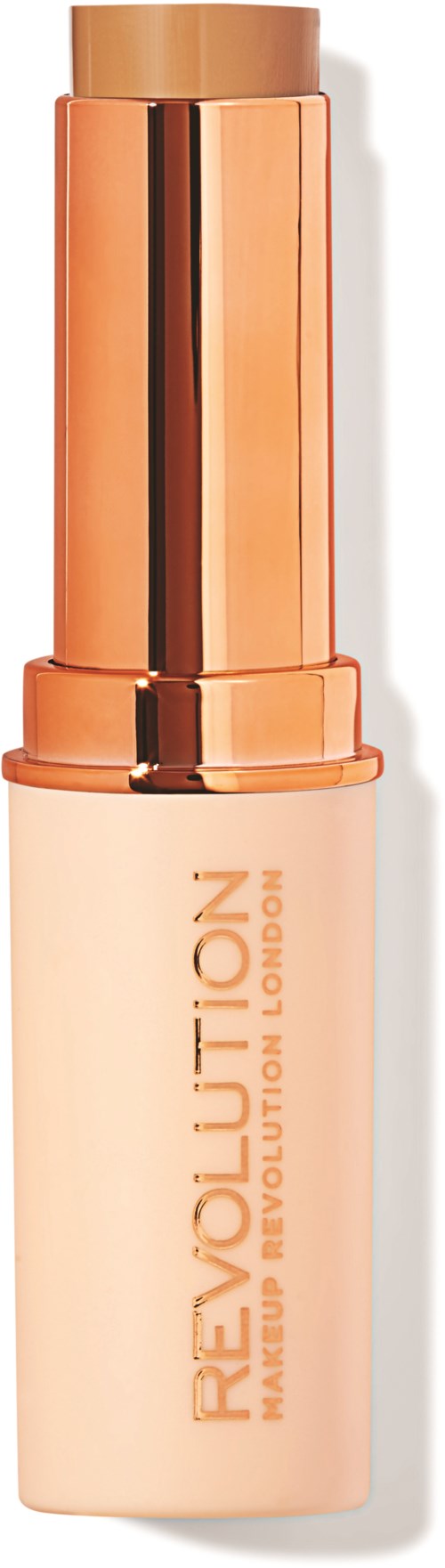 En flaska foundation med ljus beige färg och ett snyggt, roséguld lock.