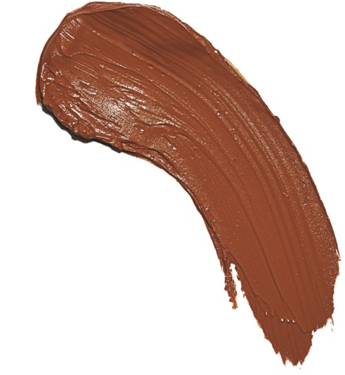En tjock, brun, borstad streck på vit bakgrund som liknar makeup eller färg.