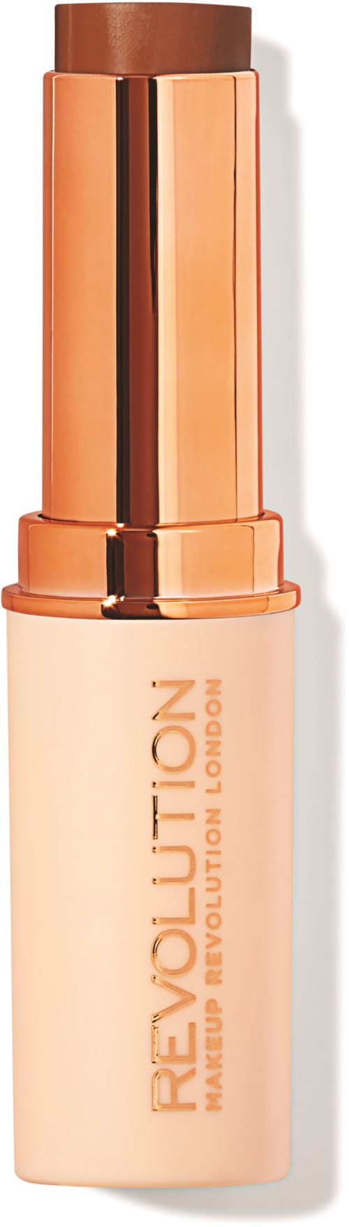 En foundationflaska med beige botten, roséguldlock och guldig text som säger 'Revolution Makeup Foundation'.