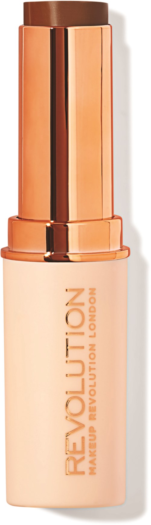 En flaska makeup från Revolution med en glänsande lock och märket på kroppen.