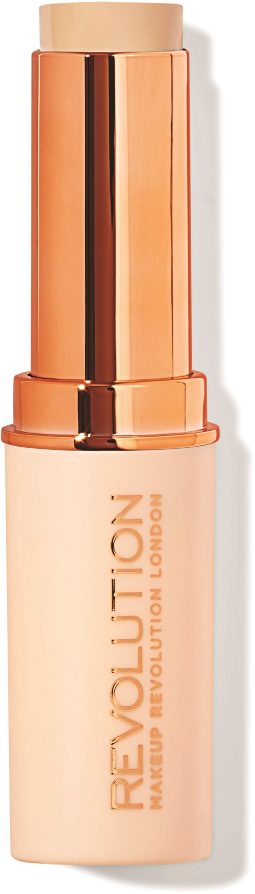 A foundation bottle with a white base, rose gold cap, and the words 'REVOlUTION' on it.