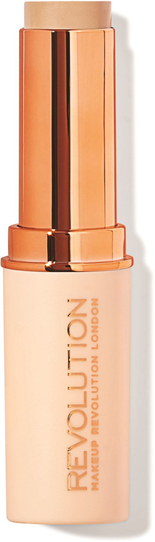 En beige flaska med ett roséguldförsett lock och pump, märkt Revolution London makeup primer.