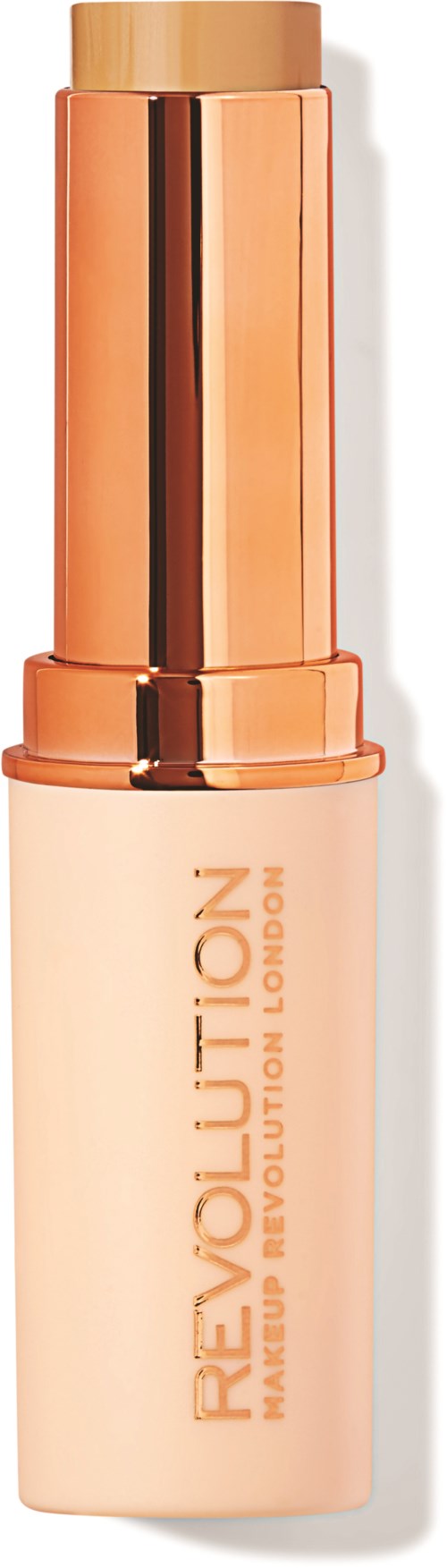 A foundation bottle with a gold cap and the label 'Revolution Makeup' appears on a plain background.