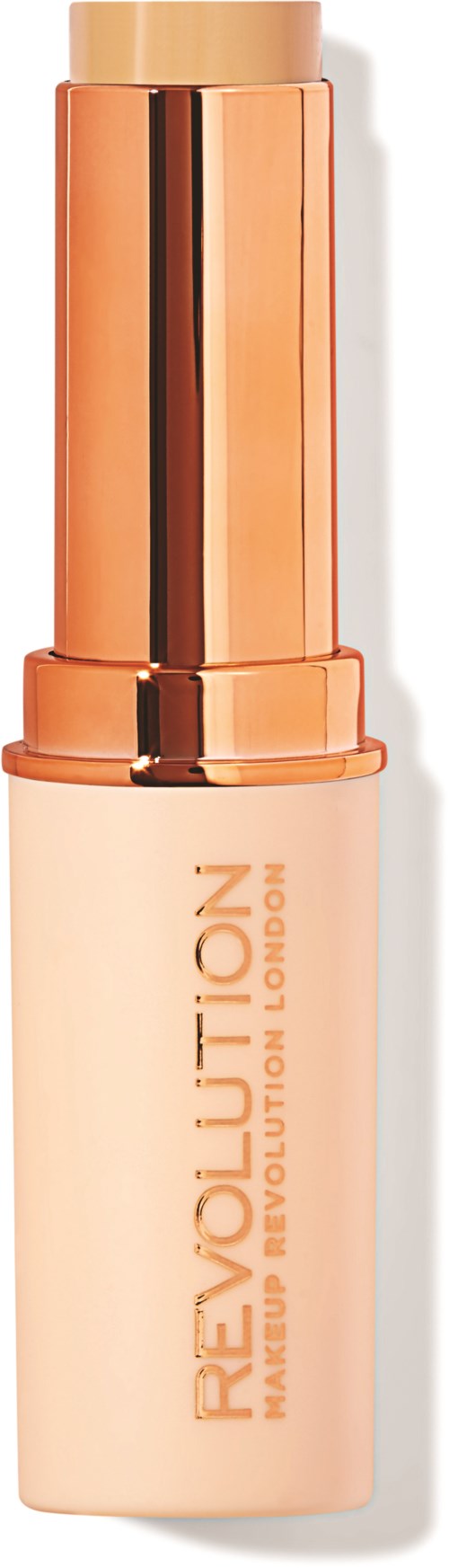 En beige flaska med guldlock och orange text, märkt 'Revolution Makeup London' och en pump.