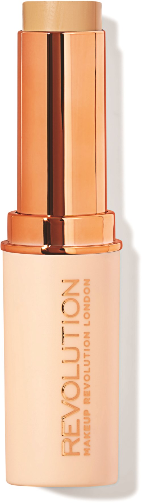 En makeupprodukt med beige tub och kopparfärgad lock, märkt 'Revolution'.