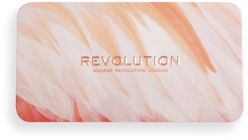 Meikkipaletti, jossa on vaaleanpunainen ja persikan marmoroiva kuvio ja teksti 'REVOLUTION Makeup Revolution London'.