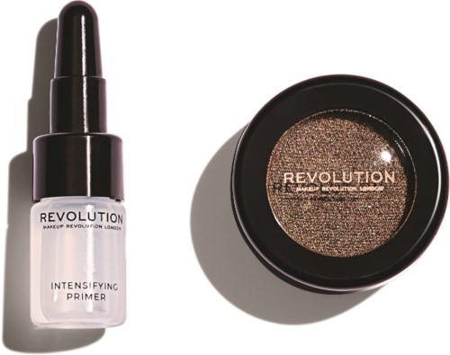 Två makeup-produkter, en vit primer med droppar och en mörk glitterögonskugga i en rund behållare.