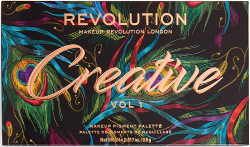 Färgglad makeup-palett låda med peacockfjädrar och ordet 'Creative' i stilfull font på framsidan.