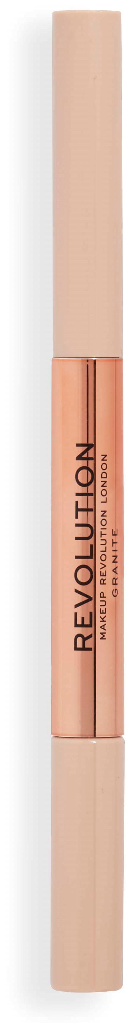 Ein Lippenstift in zartrosa Farbe mit dem Markennamen 'REVOLUTION' darauf, vor schwarzem Hintergrund.