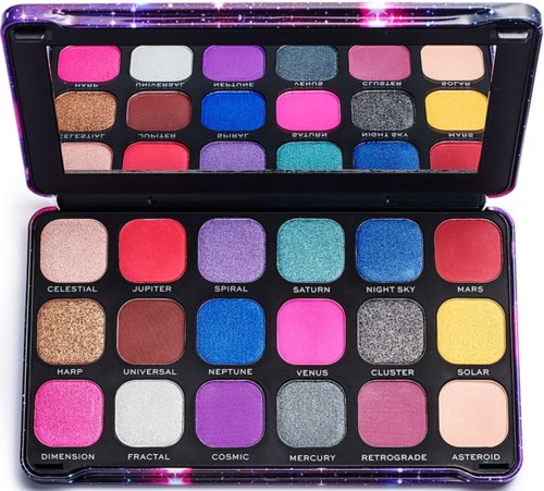 A colorful eyeshadow palette with 20 shades, including pink, purple, blue, gold, and gray, labeled with celestial names.