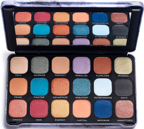 A colorful eyeshadow palette with sixteen shades, including shimmery and matte colors, arranged in two rows.