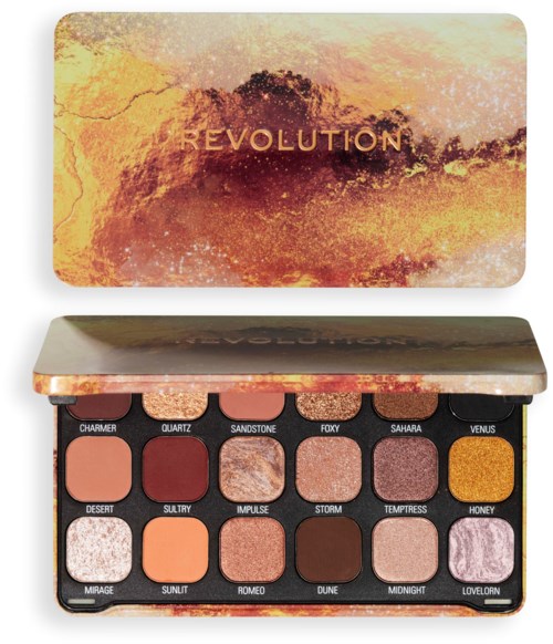 Eine Lidschattenpalette mit verschiedenen Farben namens Charmer, Quartz, Sandstone, Fury, Sahara, Venus, Desert, Sultry, Impulse, Storm, Temptress, Honey, Mirage, Sunlit, Romeo, Dune, Midnight und Lovelorn.