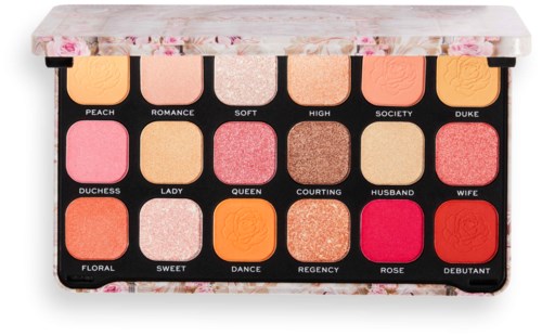 Eine bunte Make-up-Palette mit 16 unterschiedlichen Farbtönen in einem blumigen Gehäuse.