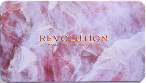 Makeuppalett med rosa och lila marmorutseende och texten "REVOLUTION" och "MAKEUP REVOLUTION LONDON" i kopparfärg.
