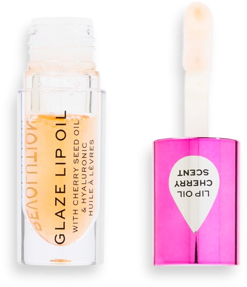 Lip gloss container with a pink box and a wand applicator next to it.