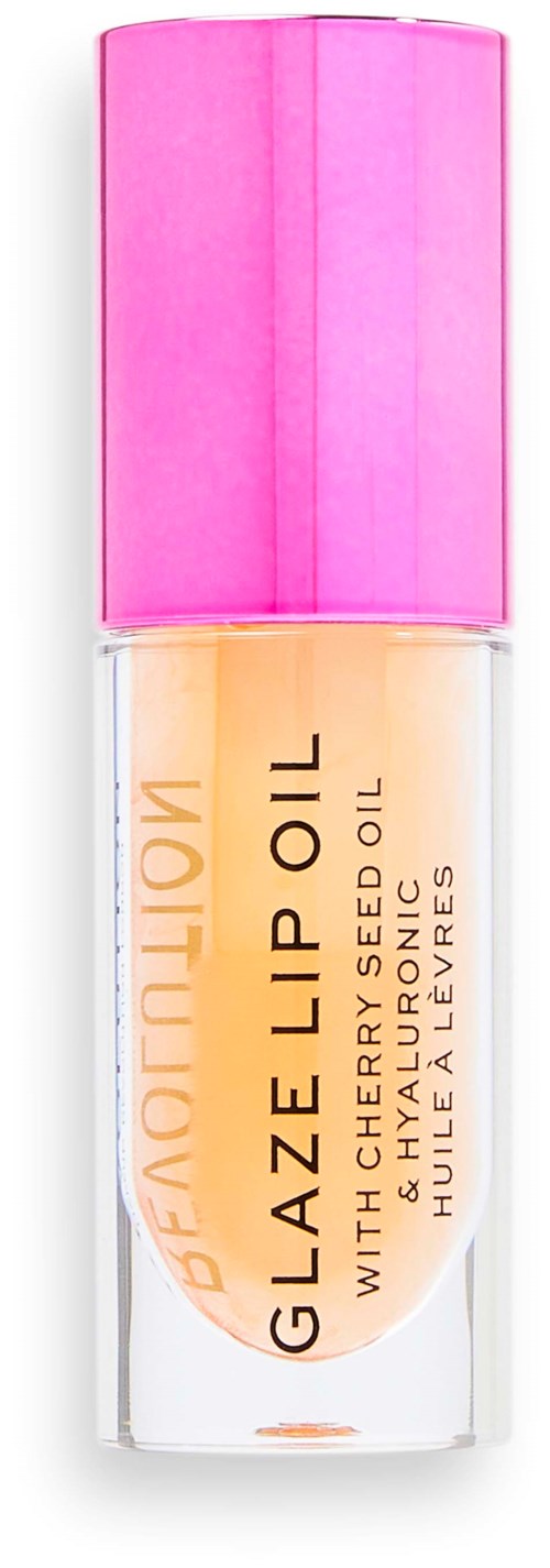 A small bottle of lip oil with a pink cap, labeled as Glow Lip Oil with honey and hyaluronic acid ingredients.
