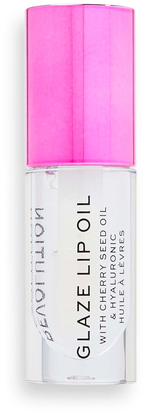 Lip oil container with pink cap and white body, labeled in black text with ingredients.