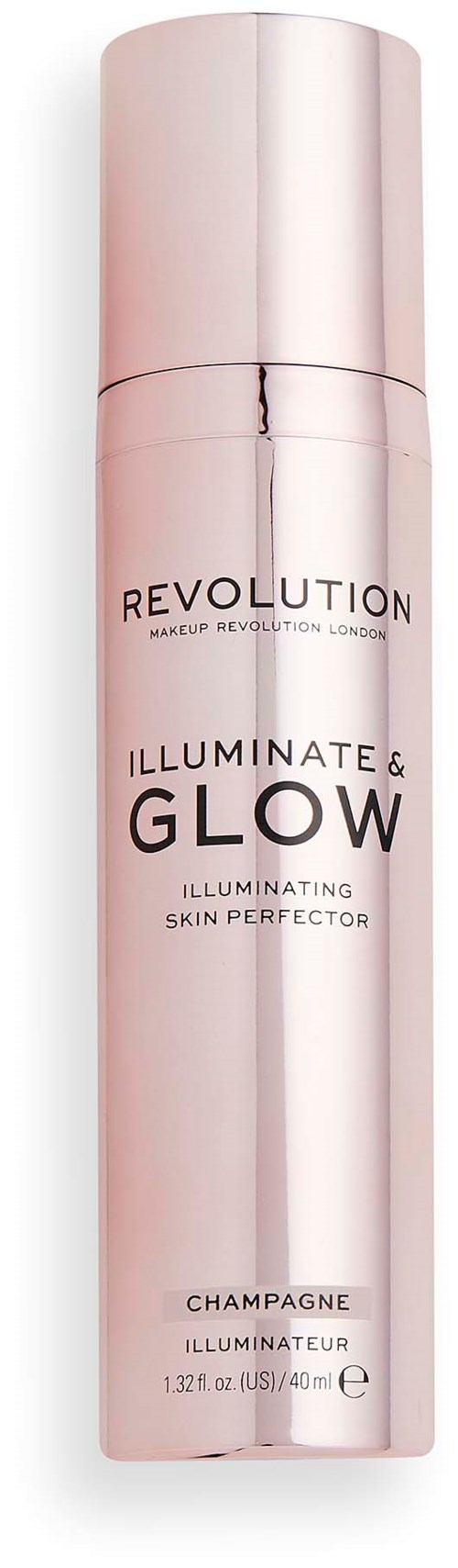 En lång, rosa sprayflaska märkt 'Revolution Illuminate & Glow' för huduppljusning. Den har ett glänsande lock och enkel text.