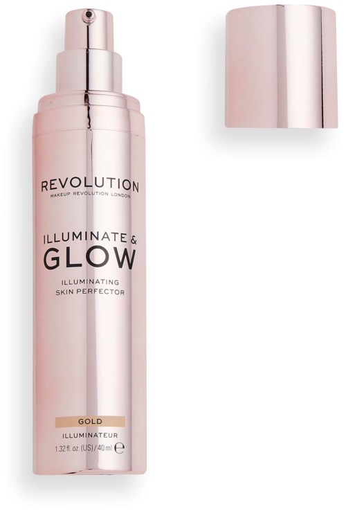 En rosa sprayflaska med silverkork, märkt 'Revolution' och 'Illuminate & Glow' för huden. Korken bredvid.