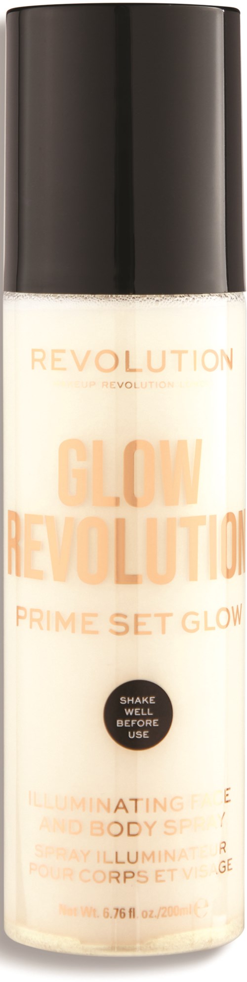 En flaska med svart lock och vit kropp, märkt Glow Revolution Prime Set Glow, för kroppsljusgörande bruk.