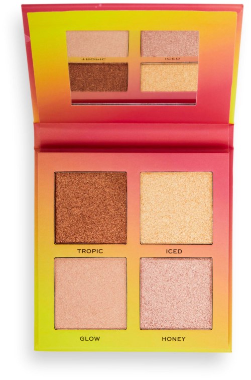 En färgglad ögonskuggspalett med fyra nyanser som heter Tropic, Iced, Glow och Honey.